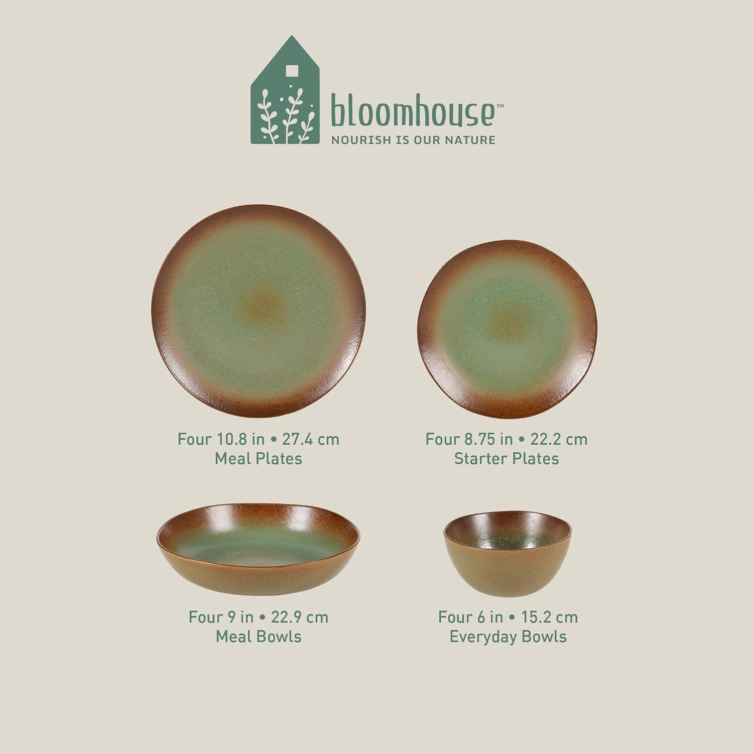 Bloomhouse - Two Time Oprah's Favorite Things Winner - Palermo Sun Double Bowl Stoneware Reactive Glaze Plates and Bowls Dinnerware Set - Cardamom Green, Service for Four (16pcs)