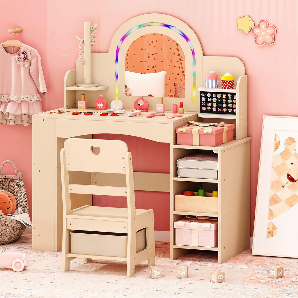 Costzon Kids Vanity, Girls Vanity Set with Lighted Mirror, Bookshelf, Jewelry Storage, Toddler Makeup Vanity Desk Dressing Table, Wooden Kids Vanity Table and Chair Set (Natural)