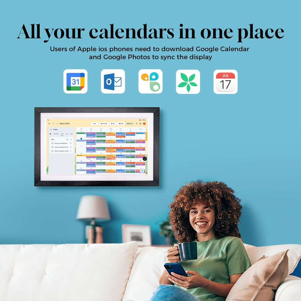 15.6' Smart Display with Google Calendar, Android Apps&Photo Frame, Walnut | No subscription+pen,Built-in battery,anti-glare FHD touchscreen,voice control,family schedules and chore management,Streaming
