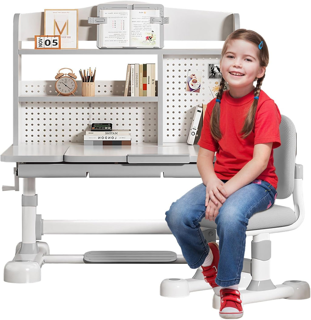 Kids Adjustable Study Desk and Chair, One-Touch Tilt Desktop with Storage, Ergonomic Learning Table for Boys and Girls Ages 3–12 (013-Grey)