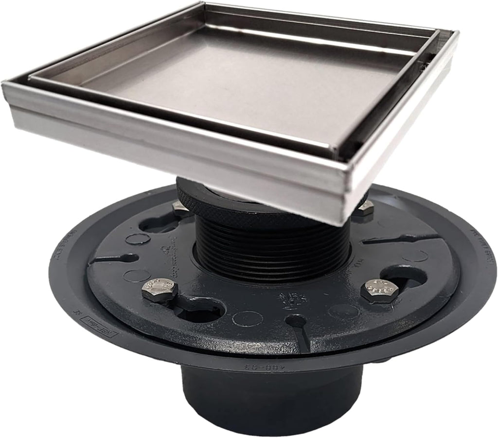 SereneDrains 304 Stainless Steel Tile in Square Brushed Nickel Shower Drain Kit with Drain Base Hair Catcher Strainer Grate Cover Bathroom Floor Insert (PVC Plastic, 6 Inch)