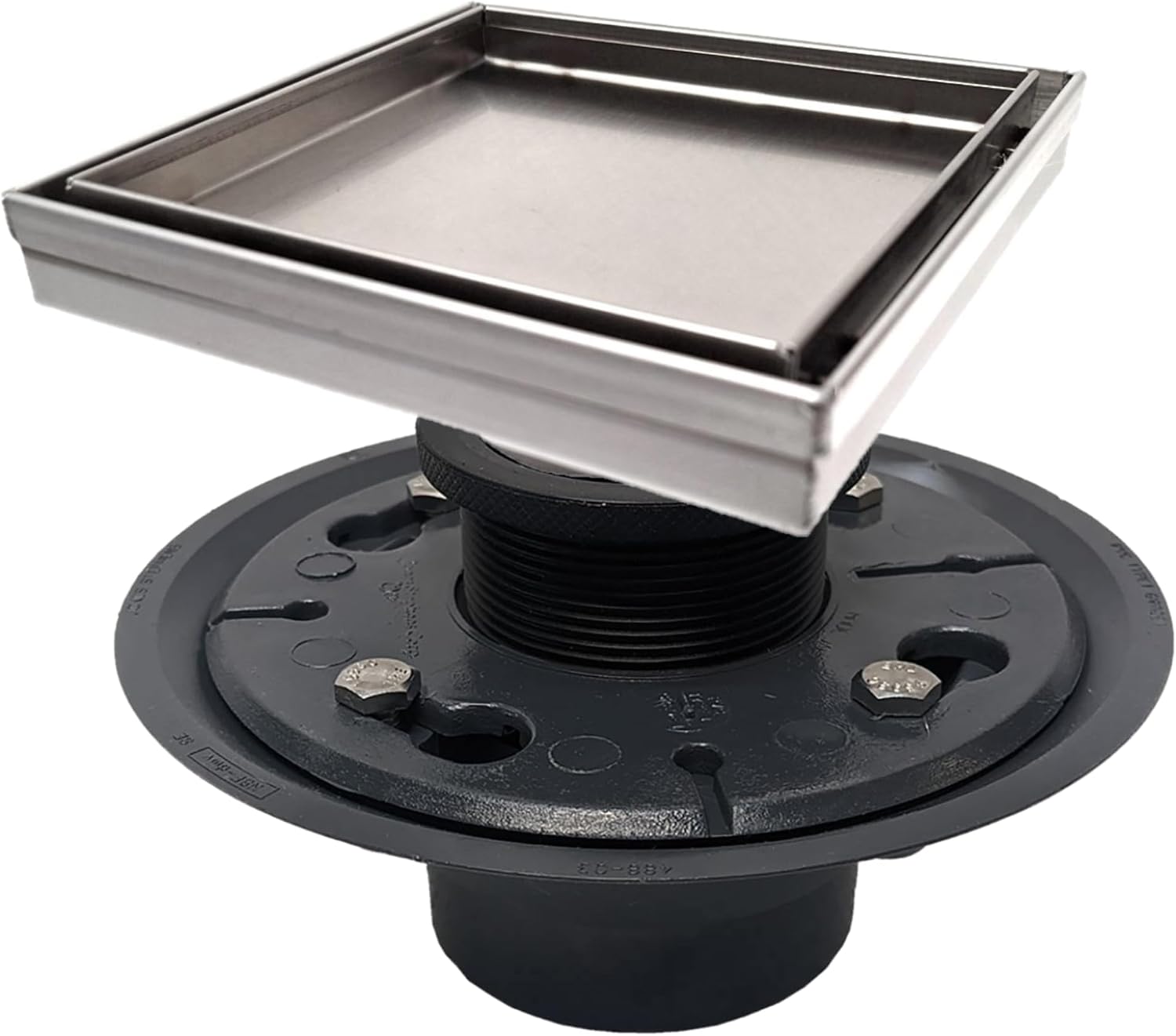 SereneDrains 304 Stainless Steel Tile in Square Brushed Nickel Shower Drain Kit with Drain Base Hair Catcher Strainer Grate Cover Bathroom Floor Insert (PVC Plastic, 6 Inch)