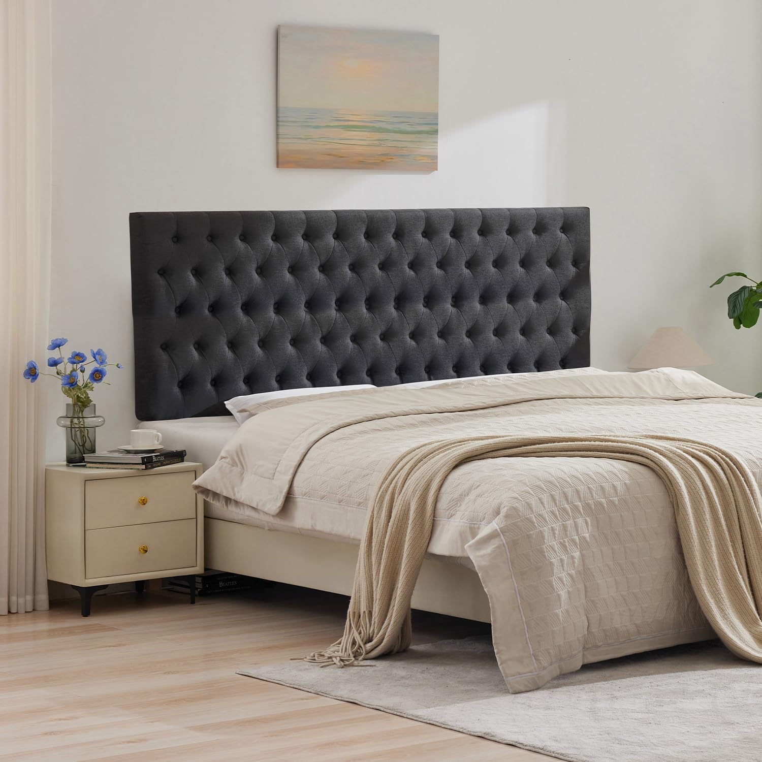 Kingfun Upholstered Queen Headboard Only, Premium Linen Button Tufted Headboards, Adjustable Solid Wood Head Board, Padded Headboard with Solid Wood Legs in Bedroom (Dark Gray)