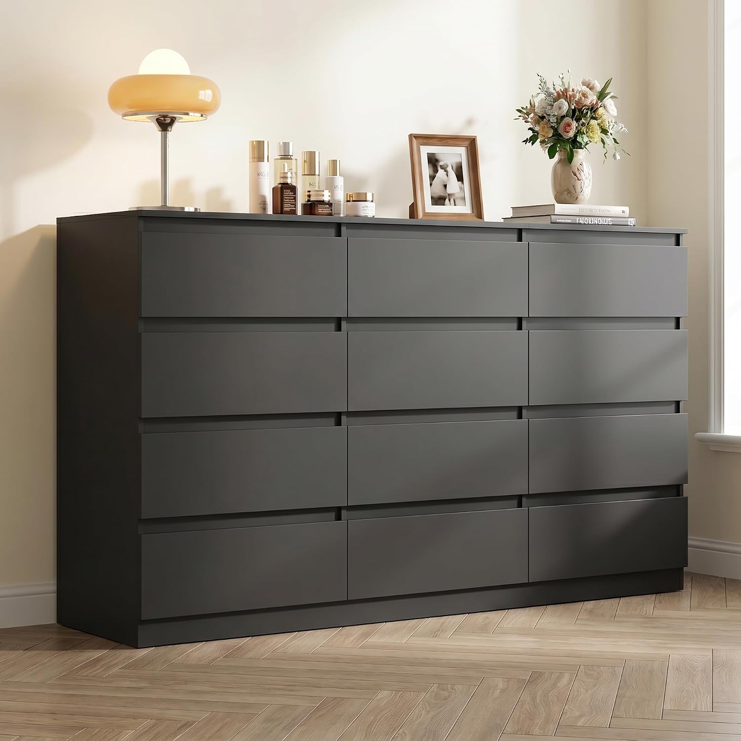 Black 12 Drawer Dresser for Bedroom,Modern Long Deep Drawer Dresser,Wood Storage Chest of Drawer, Storage Organizer Drawers for Bedroom
