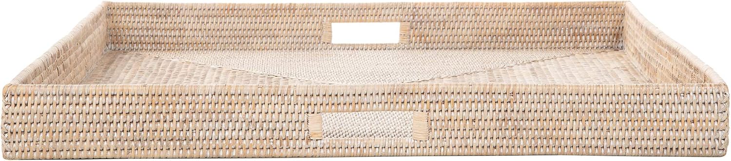KOUBOO La Jolla Rattan Tray, Square Woven Tray - Decorative Coffee Table, Breakfast Tray, Home Decor Basket Style, Extra Large, White-Wash