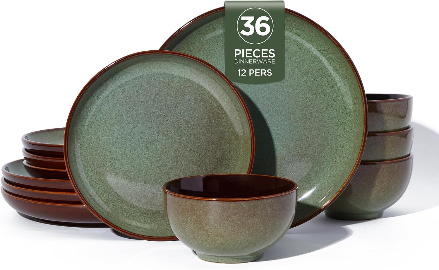 Pokini 36 Piece Stoneware Dinnerware Sets, Ceramic Plates and Bowls Set, Microwave & Dishwasher Safe Kitchen Dish Set, Modern Dinner Salad Plates | Cereal Bowls for 12, Dishware Sets Sage Green