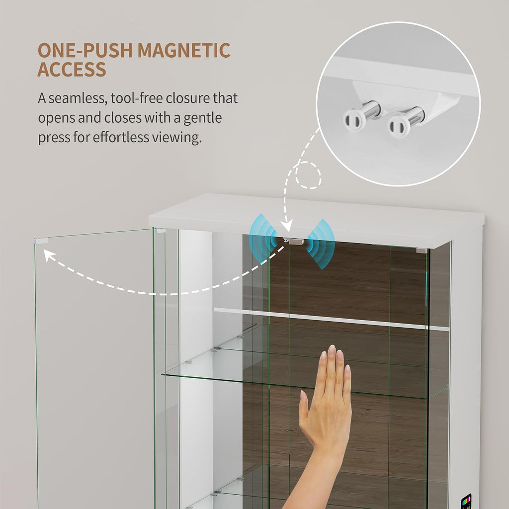 71'' Display Cabinet with Glass Doors,4-Tier Curio Cabinet with 3-Color Lights for Collectibles,Lockable Glass Display Case Human Body Sensor,Tall Bookcase w/Shelves&Door Panel,White