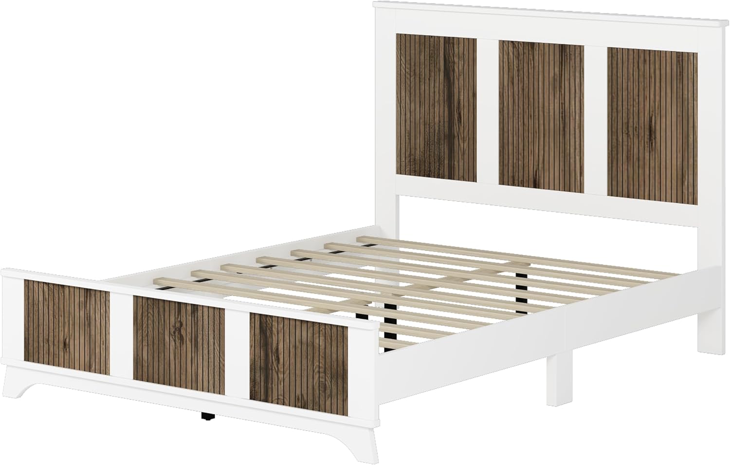 JIVOIT Farmhouse Wooden Platform Bed, Queen Size Platform Bed with Wooden Strip Decoration Headboard and Footboard, Plywood Slats Support, No Box Spring Required (White,Queen,268)