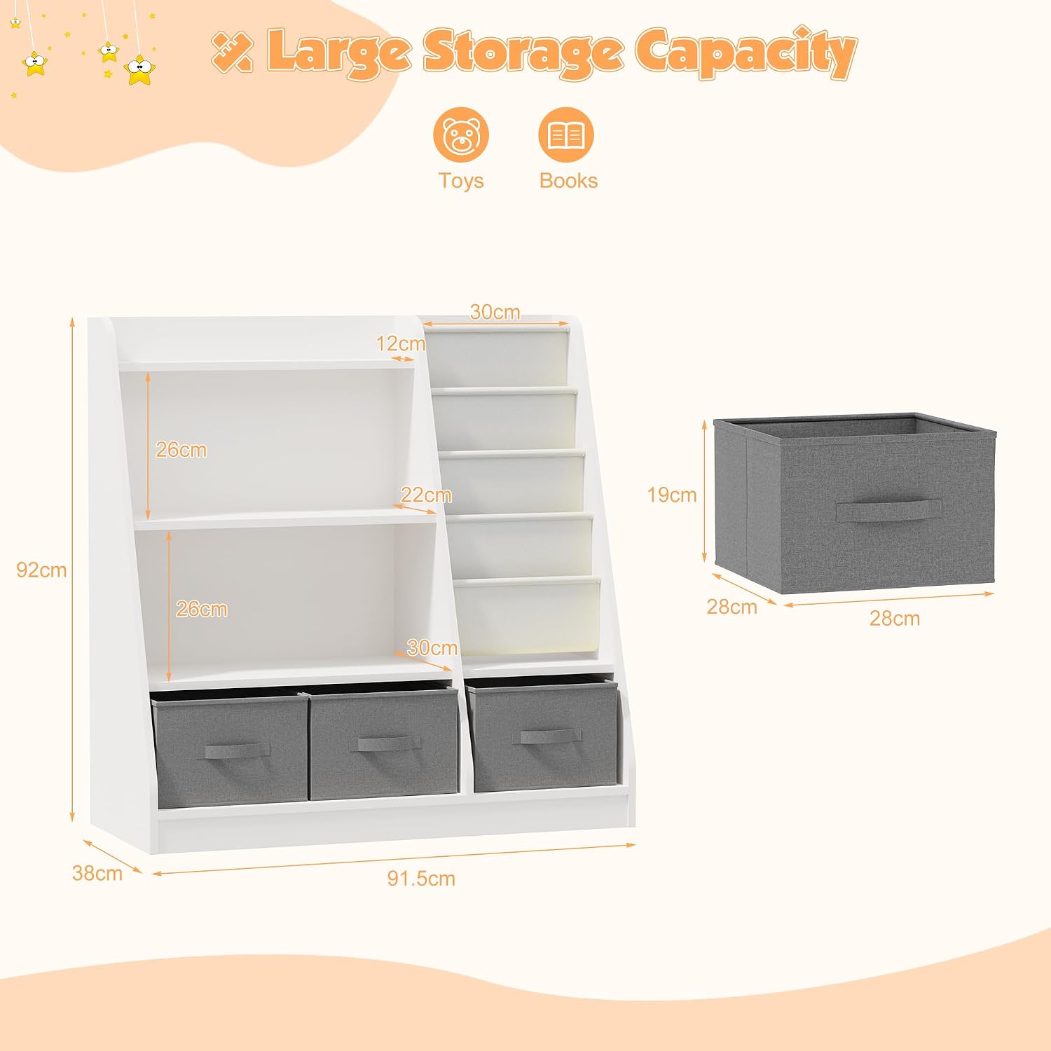 NACHES Kids Bookshelf and Toy Storage Organizer, Montessori Nursery Book Shelves with Sling Rack & Fabric Toy Bins, Toddler Baby Bookcase, Wooden Toy Shelf for Kids Room, Playroom, White-White