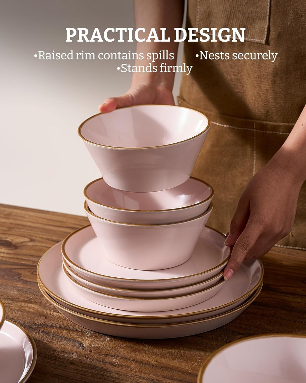 Famiware Saturn Plates and Bowls Dish Sets for 6 (18 Pieces), Stoneware Dinnerware Set with Hand-Painted Trim - Chip & Scratch Resistant, Microwave & Dishwasher Safe Ceramic Dishes, Light Pink