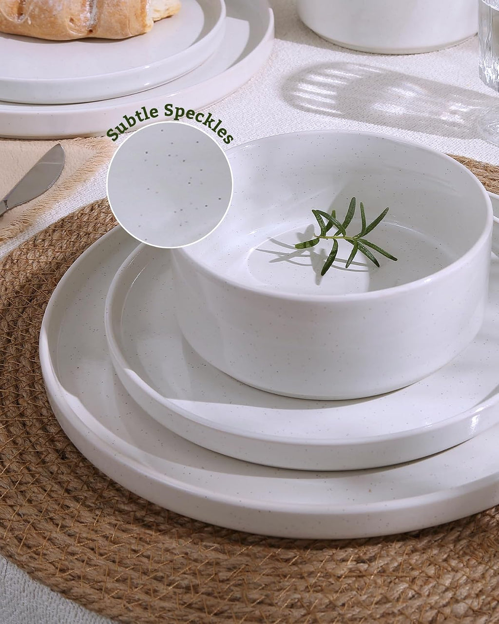 Famiware Nebula Dinnerware Sets with Pasta Bowls, Service for 6 (24 Pieces), Fine Stoneware Plates and Bowls Sets, Microwave and Dishwasher Safe Dishes Set, White