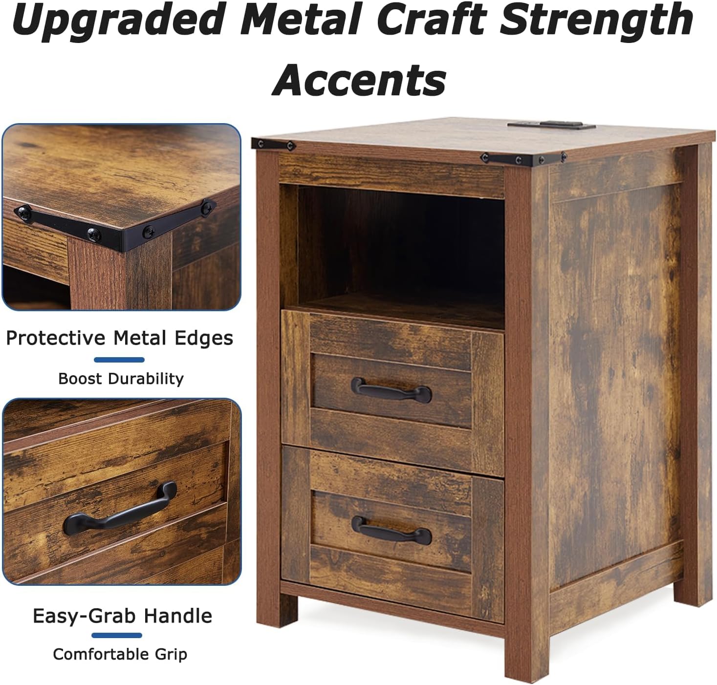 Farmhouse Night Stand Set of 2, Rustic Brown Nightstand for Bedroom, End Tables with Charging Station, Bedside Table with Drawers, Wood Bedside Cabinet Dresser