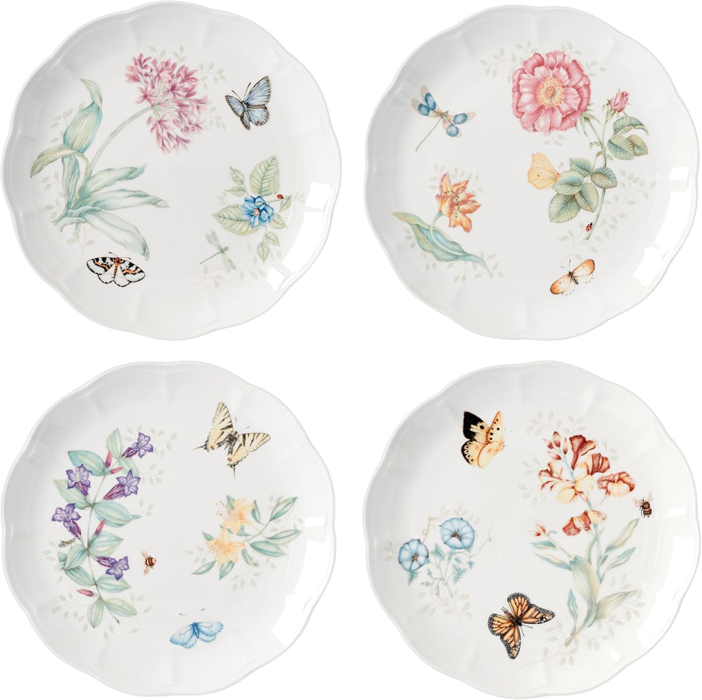Lenox Dinnerware Set, Butterfly Meadow 4-Piece Dinner Plate Set, Service For 4, Porcelain Dinnerware With Scalloped Rim, Microwave And Dishwasher Safe, Dish sets, Home And Kitchen (Assorted, 4 Pieces)