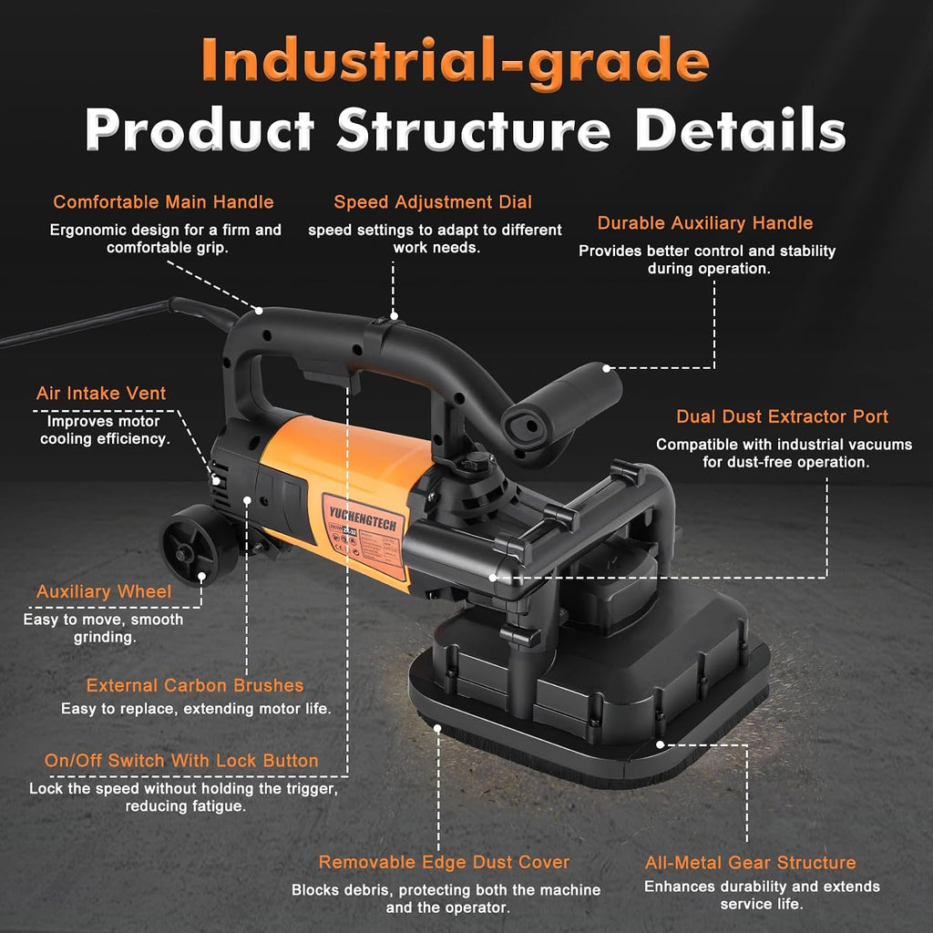 YUCHENGTECH 4-Head Concrete Grinder Set 4' Concrete Surface Grinder Floor Grinder 3800W 0-6000RPM Concrete Surface Planer with Dust Extraction Shroud for Grinding Concrete Cement Marble Granite