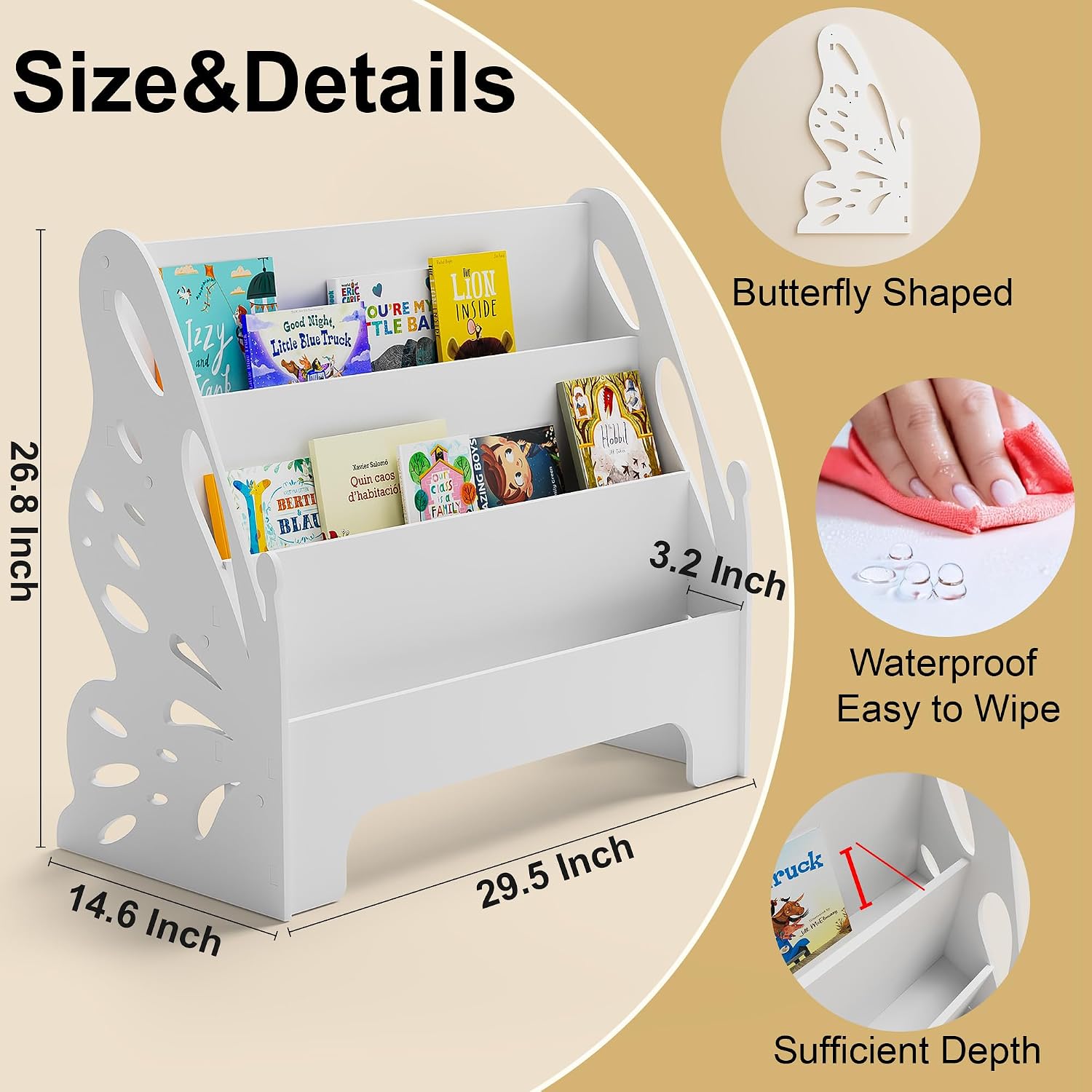 3 Tier Butterfly Kids Bookshelf - Nursery Bookshelf for Storage Organizer, Free Standing Baby Bookcase for Kids Rooms, Children Bookcase for Playing Room, Bedroom, Nursery, Classroom, White.