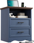 YANSNWO Blue Nightstand with Charging Station, Farmhouse End Table with 2 Drawers, Bedside Table with Space-Saving Storage Cabinet, Unique Base Design for Bedroom, Living Room