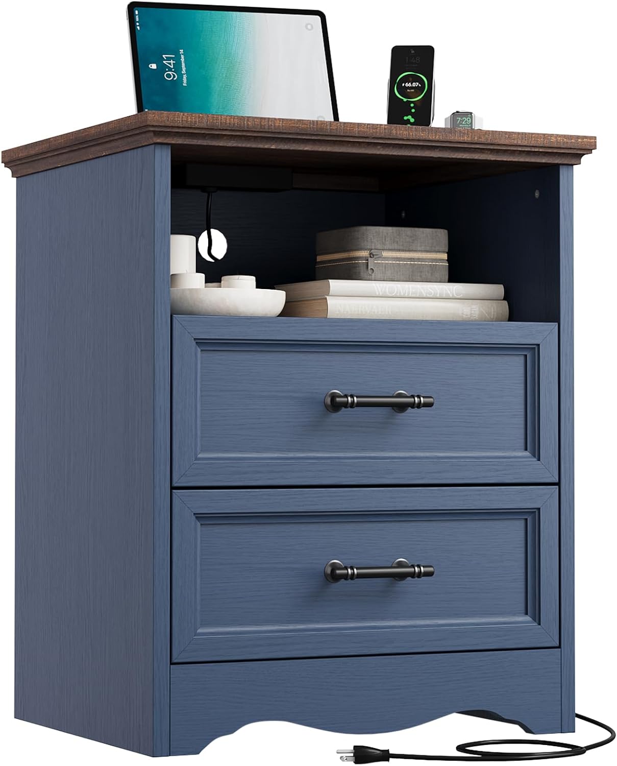 YANSNWO Blue Nightstand with Charging Station, Farmhouse End Table with 2 Drawers, Bedside Table with Space-Saving Storage Cabinet, Unique Base Design for Bedroom, Living Room