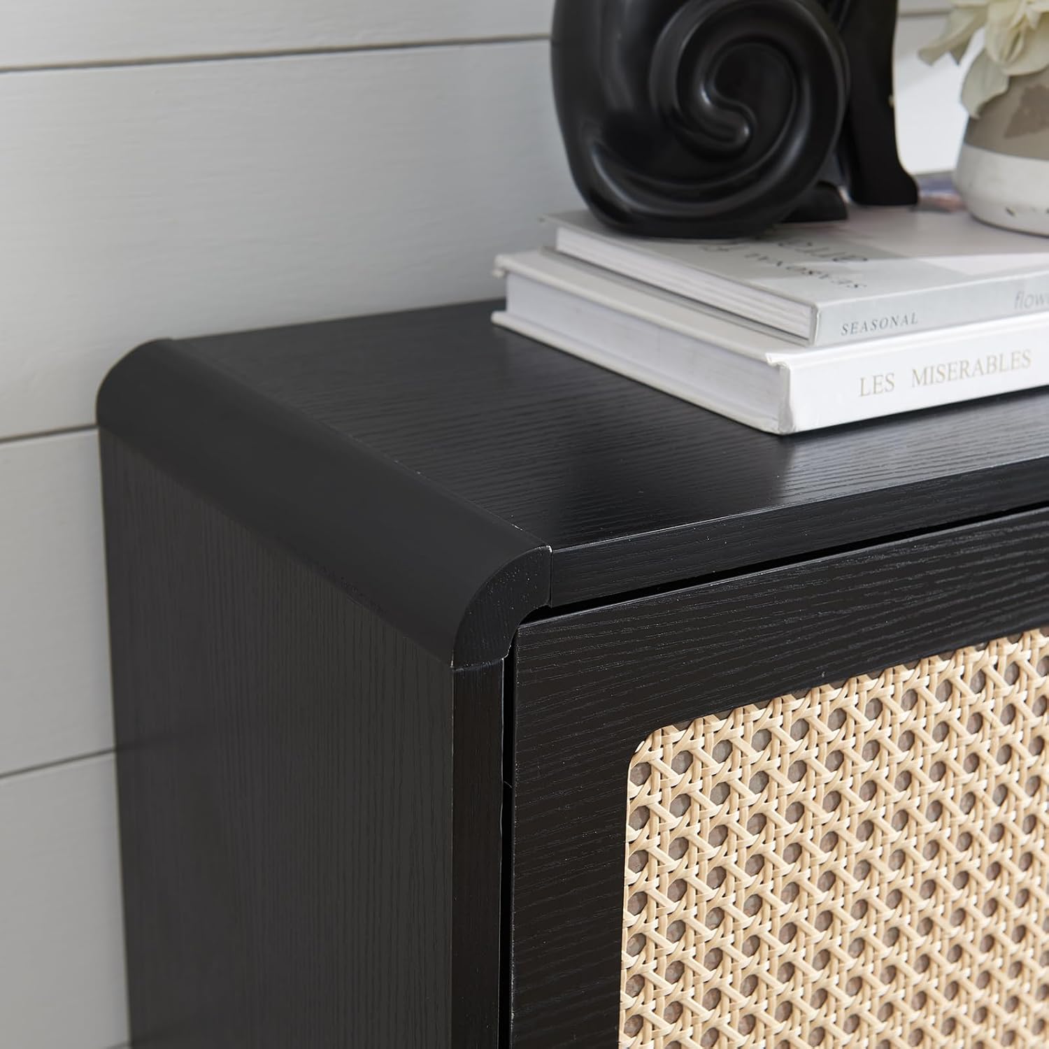 Storage Cabinet With 3 Flip Drawer Natural Rattan Shoe Organizer Freestanding Wooden Rack With Metal Legs for Entryway Hallway Bedroom Mudroom (Black)