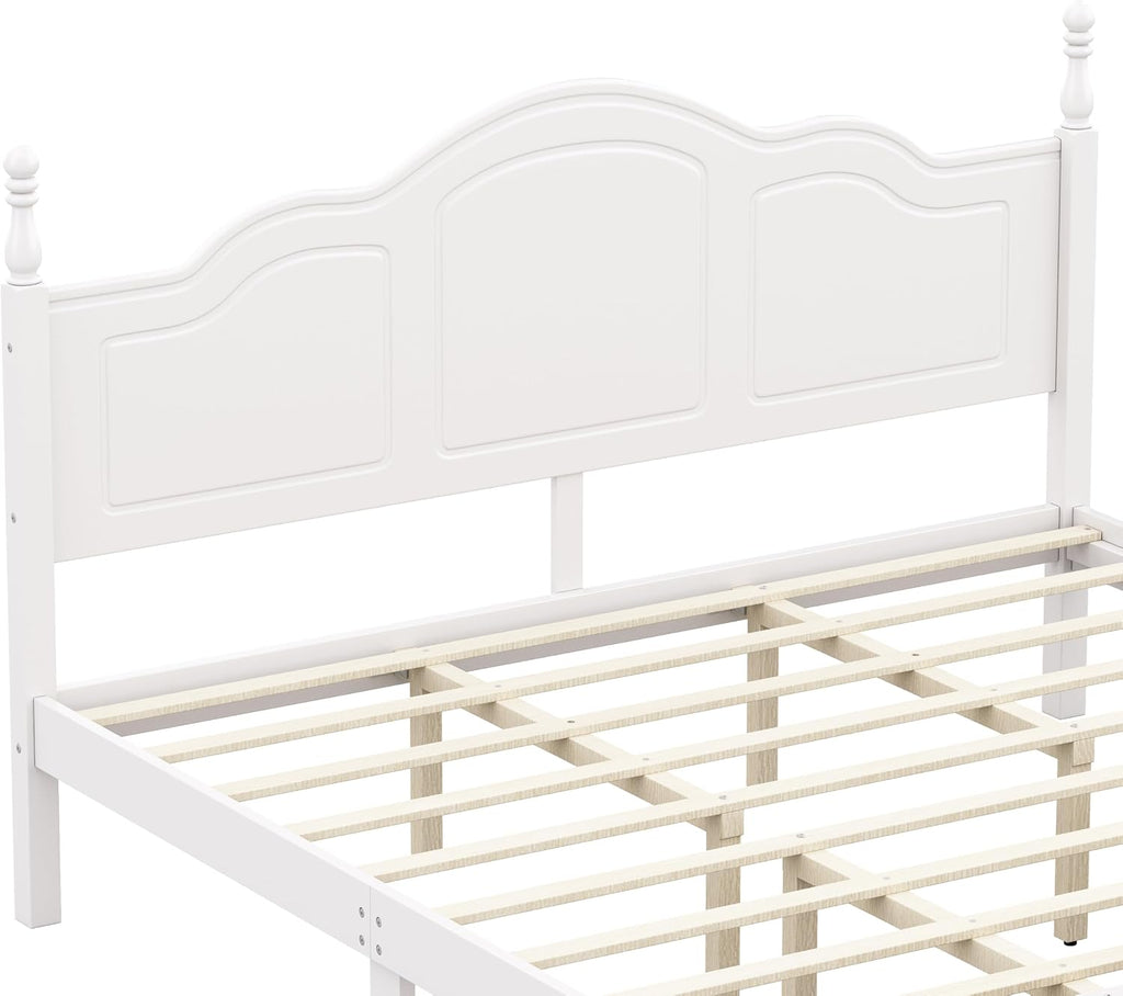 JIVOIT Wood King Bed Frame with Headboard and Footboard, Retro Style Platform Bed with Wooden Slat Support, Solid Wood Foundation, King Size Wooden Bed Frame (White,King Bed, 1)