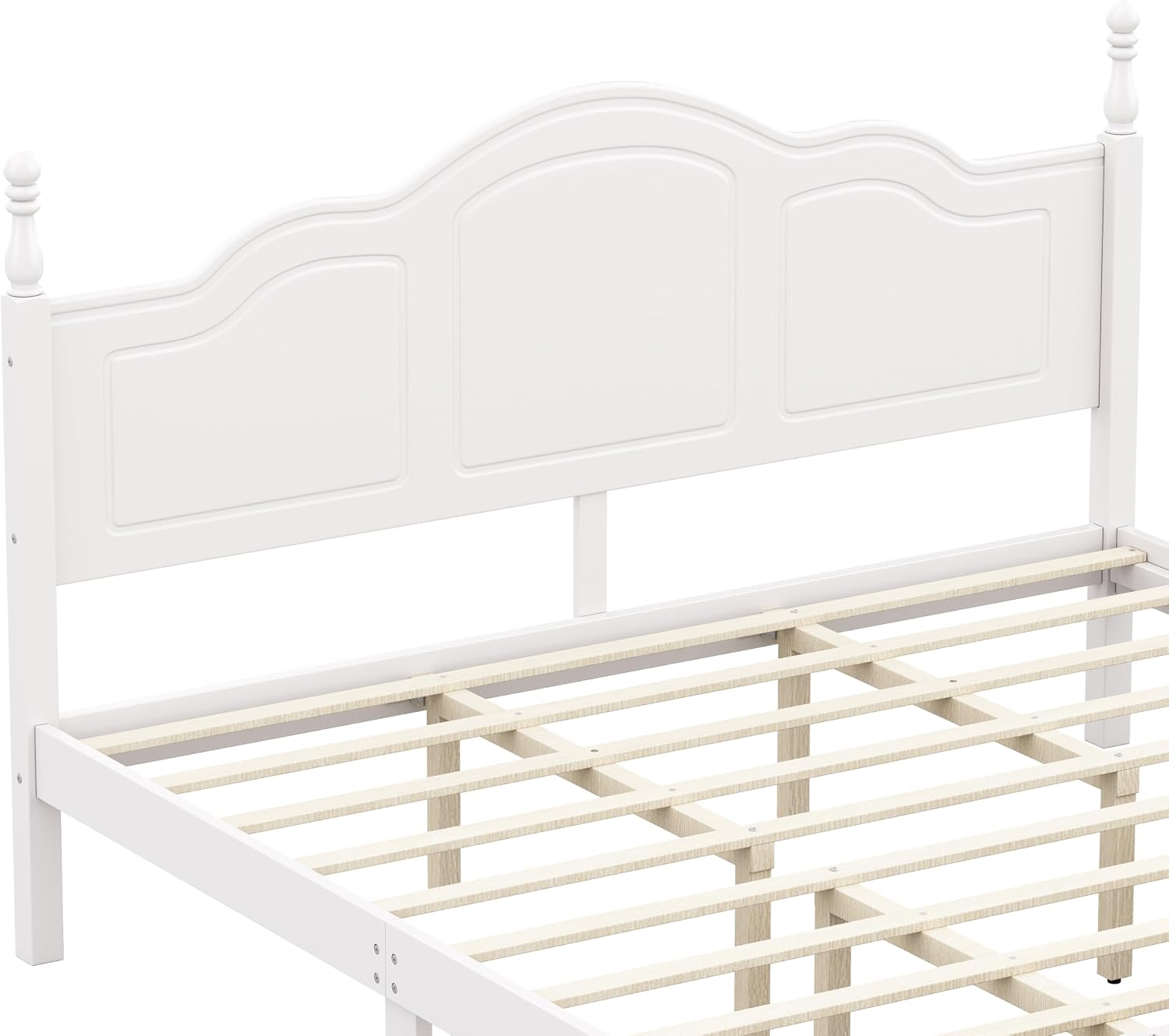 JIVOIT Wood King Bed Frame with Headboard and Footboard, Retro Style Platform Bed with Wooden Slat Support, Solid Wood Foundation, King Size Wooden Bed Frame (White,King Bed, 1)