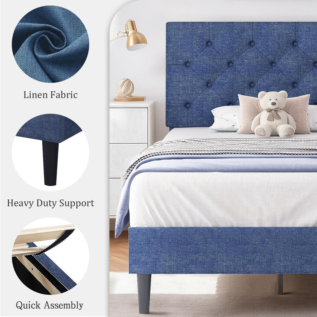 HOMBCK King Size Bed Frame, Linen Fabric Upholstered Bed Frame King Size with Headboard, Wood Slats Support, Button Tufted Design, No Box Spring Needed, Blue