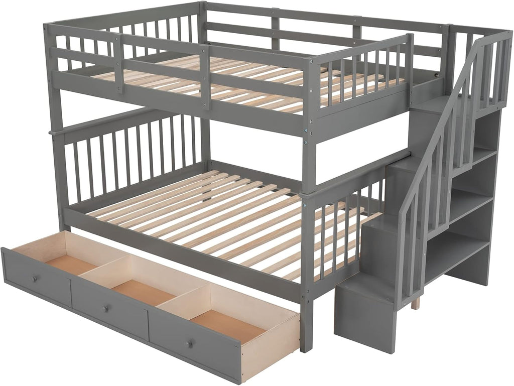 Harper & Bright Designs Full-Over-Full Bunk Bed with Storage Drawers, Soild Wood Stairway Bunk Bed with Full-Length Guard Rail Can Be Divided into 2 Beds for Boys Girls, No Box Spring Needed(Grey)
