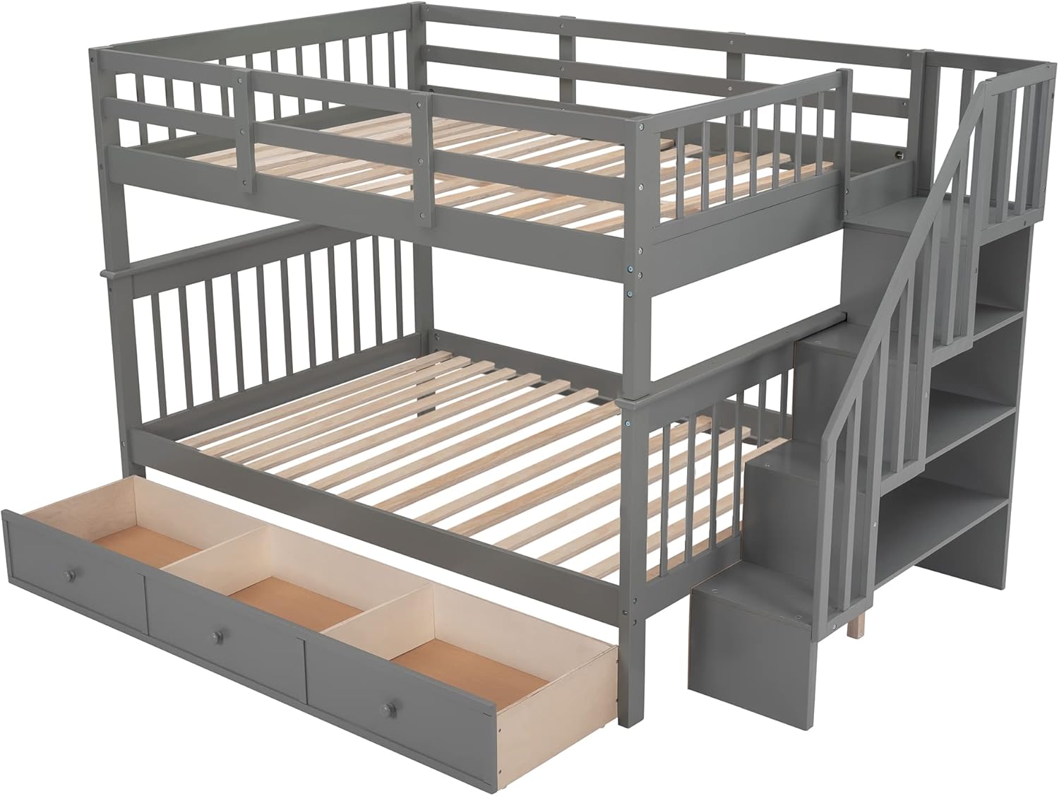 Harper & Bright Designs Full-Over-Full Bunk Bed with Storage Drawers, Soild Wood Stairway Bunk Bed with Full-Length Guard Rail Can Be Divided into 2 Beds for Boys Girls, No Box Spring Needed(Grey)