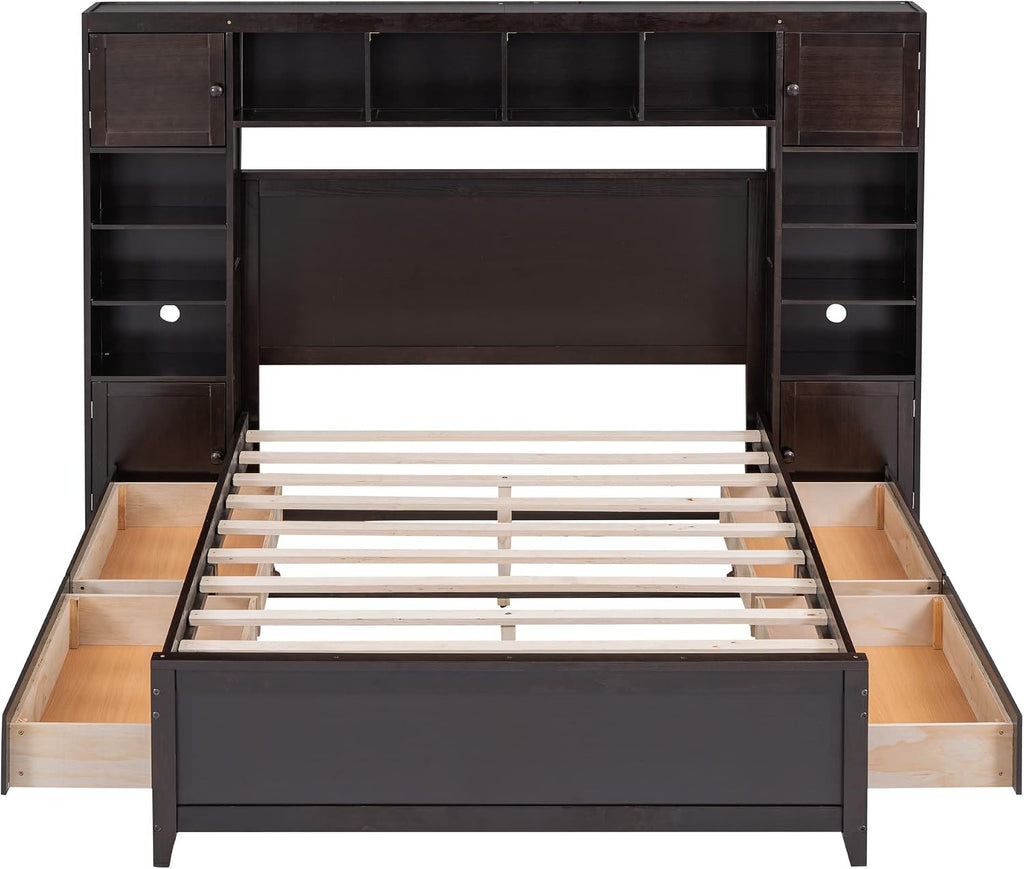 Harper & Bright Designs Full Platform Bed with All-in-One Cabinet and Shelf Modern Wooden Full Beds with 4 Storage Drawers, Full Size Bed Frame for Bed Room, No Box Spring Needed (Espresso)
