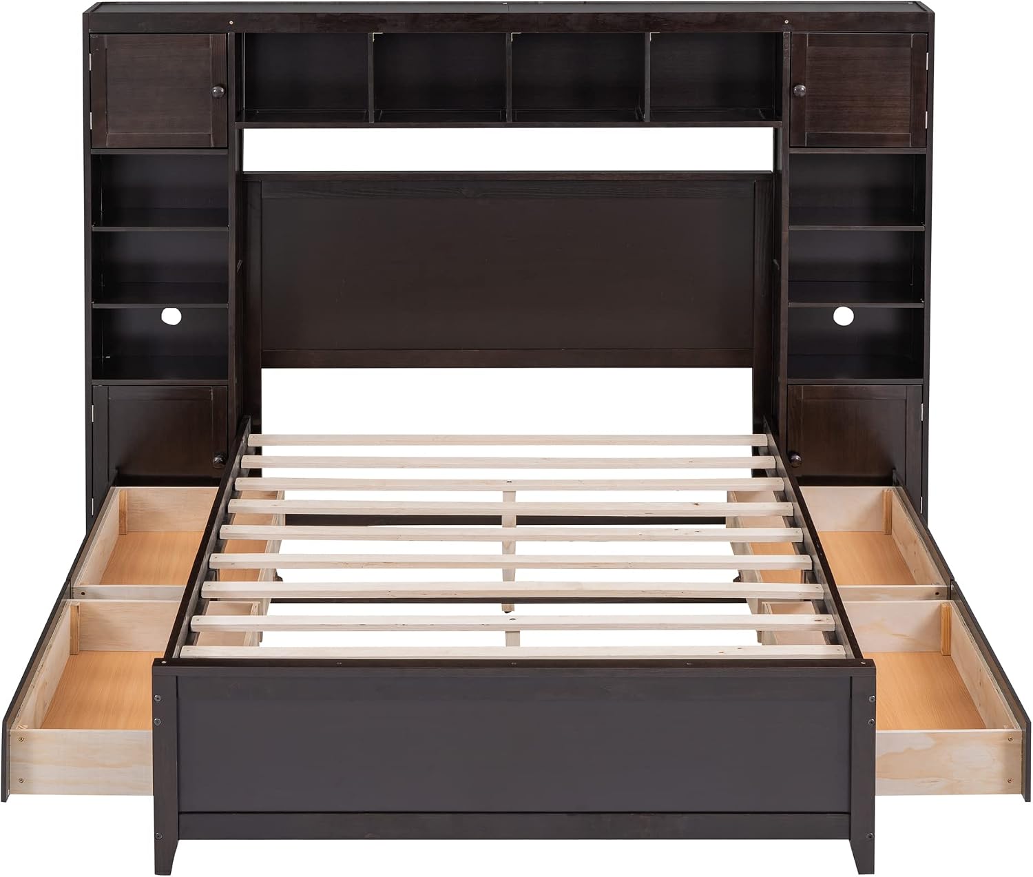 Harper & Bright Designs Full Platform Bed with All-in-One Cabinet and Shelf Modern Wooden Full Beds with 4 Storage Drawers, Full Size Bed Frame for Bed Room, No Box Spring Needed (Espresso)