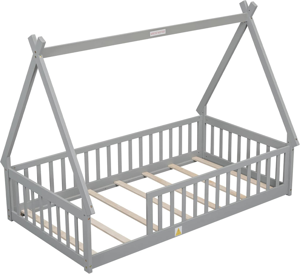 Twin Size Tent Floor Bed for Kids,Montessori Floor Bed with Fence，Floor Bed Frame Twin Size,Teepee Bed with Slats for Girls Boys,Grey