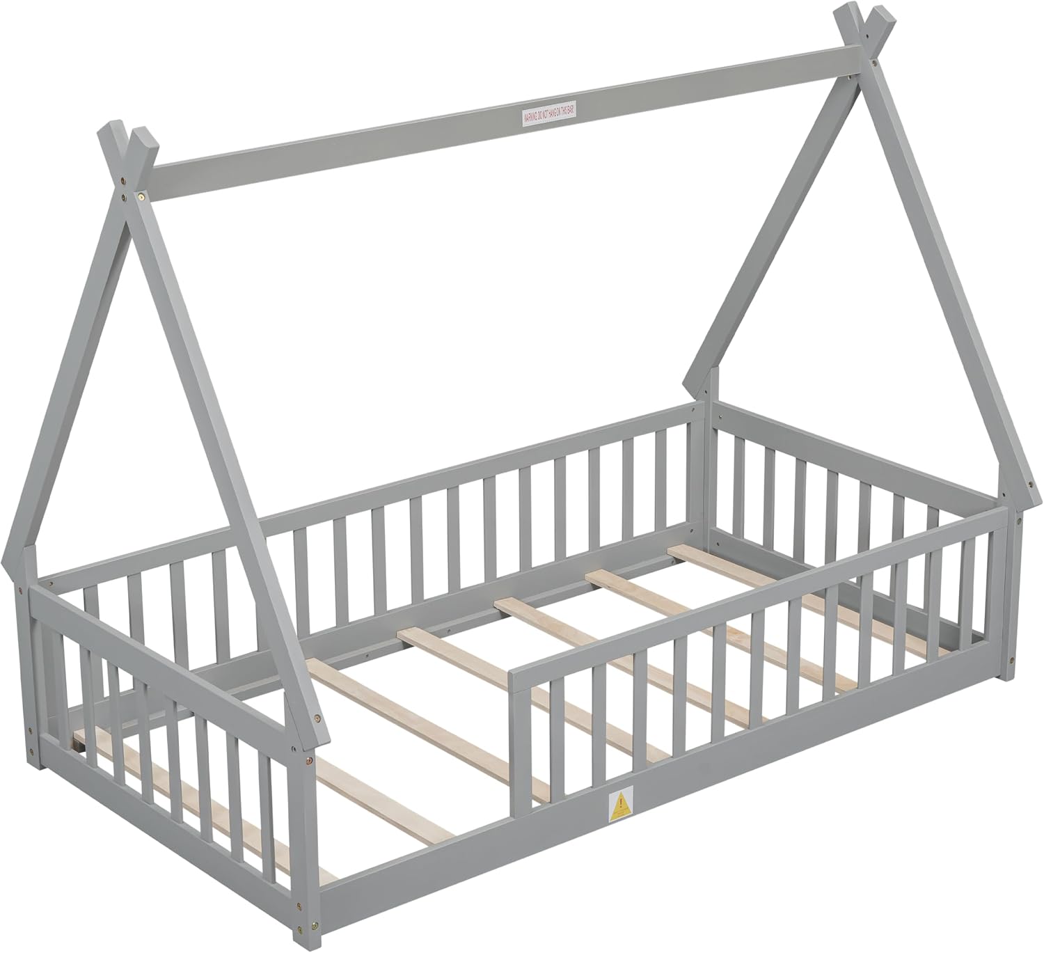 Twin Size Tent Floor Bed for Kids,Montessori Floor Bed with Fence，Floor Bed Frame Twin Size,Teepee Bed with Slats for Girls Boys,Grey