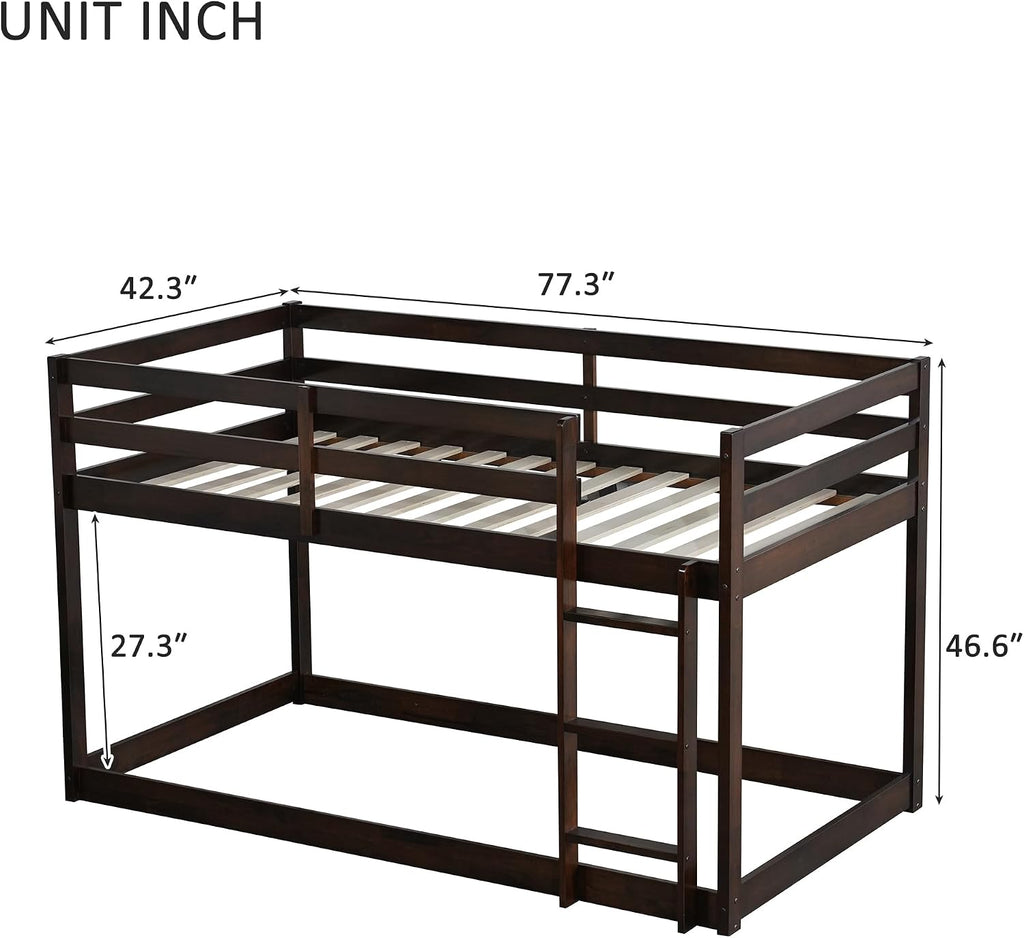 Ball & Cast Twin Over Twin Bunk Bed,Solid Rubber Wooden Low Floor Platform Bed with Ladder and Full Length Guardrail,Slat Support,Bedroom Furniture for Girls Boys,Espresso