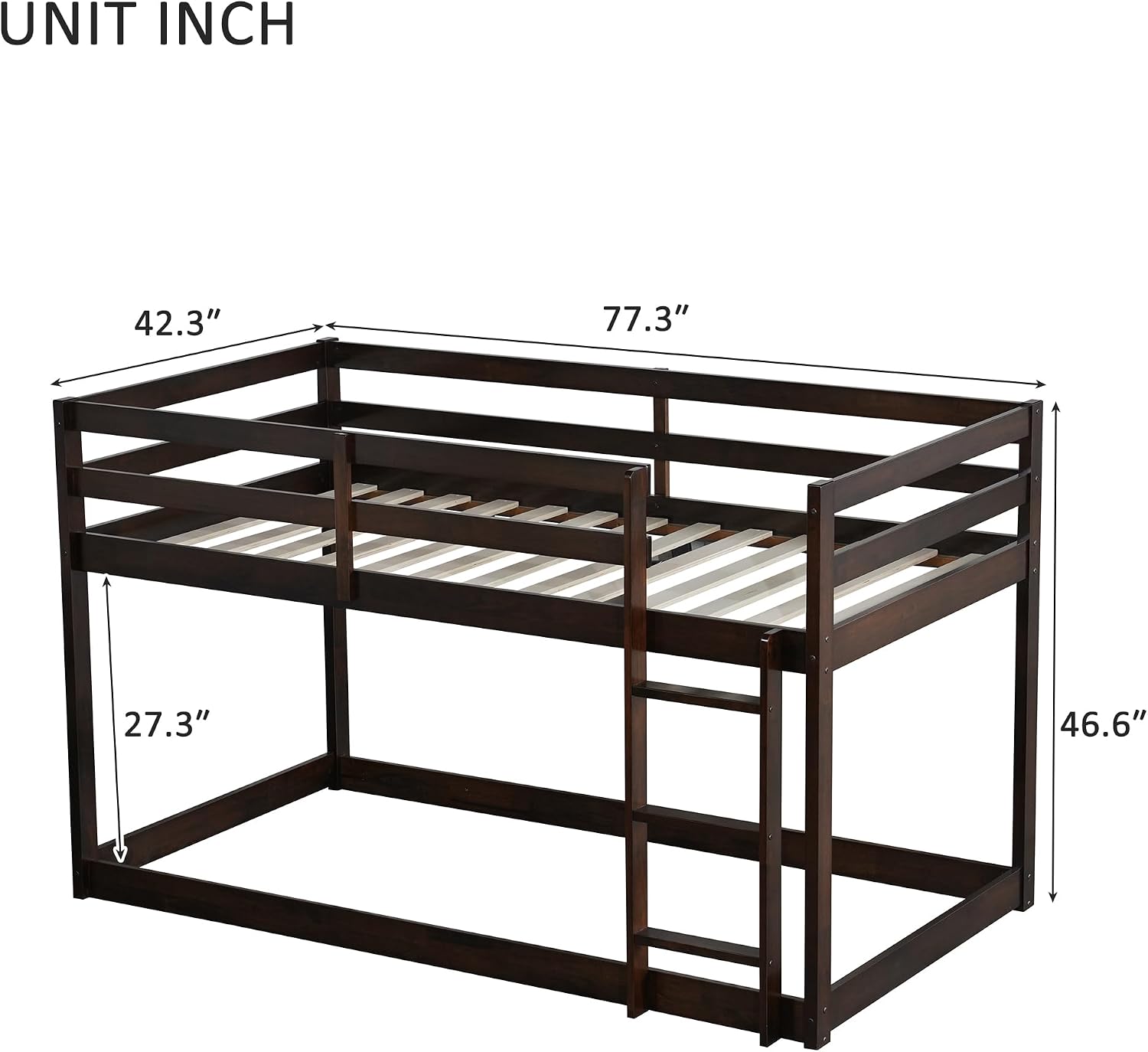 Ball & Cast Twin Over Twin Bunk Bed,Solid Rubber Wooden Low Floor Platform Bed with Ladder and Full Length Guardrail,Slat Support,Bedroom Furniture for Girls Boys,Espresso