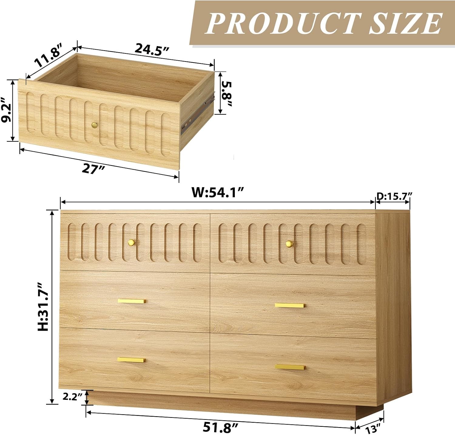 IBF Modern Fluted 6 Drawer Dresser for Bedroom, Fluted 55 Inch Chest of Drawers for Kid Adult Closet, Large Wood Clothes Storage Dresser with Anti-Tipping Device for Living Room Hallway, Oak