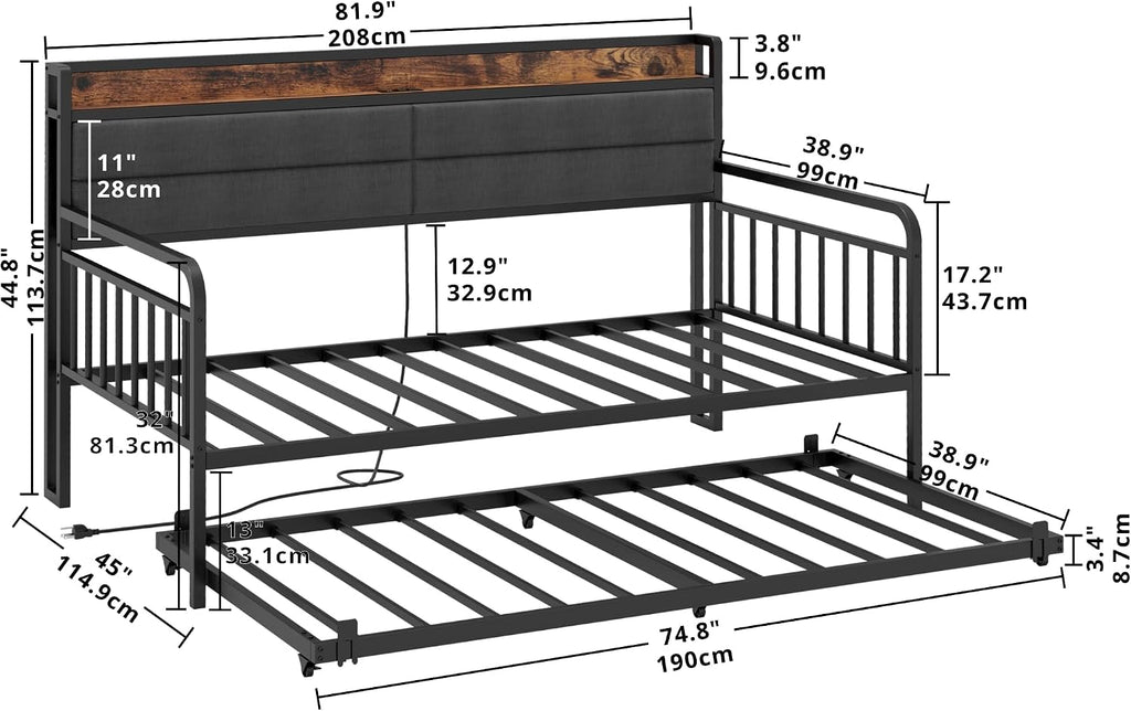 LIKIMIO Daybed with Trundle, Sturdy Metal Twin XL Size Bed Frame with Upholstered Headboard and Charging Station for Living Room, Bedroom and Guest Room, Black