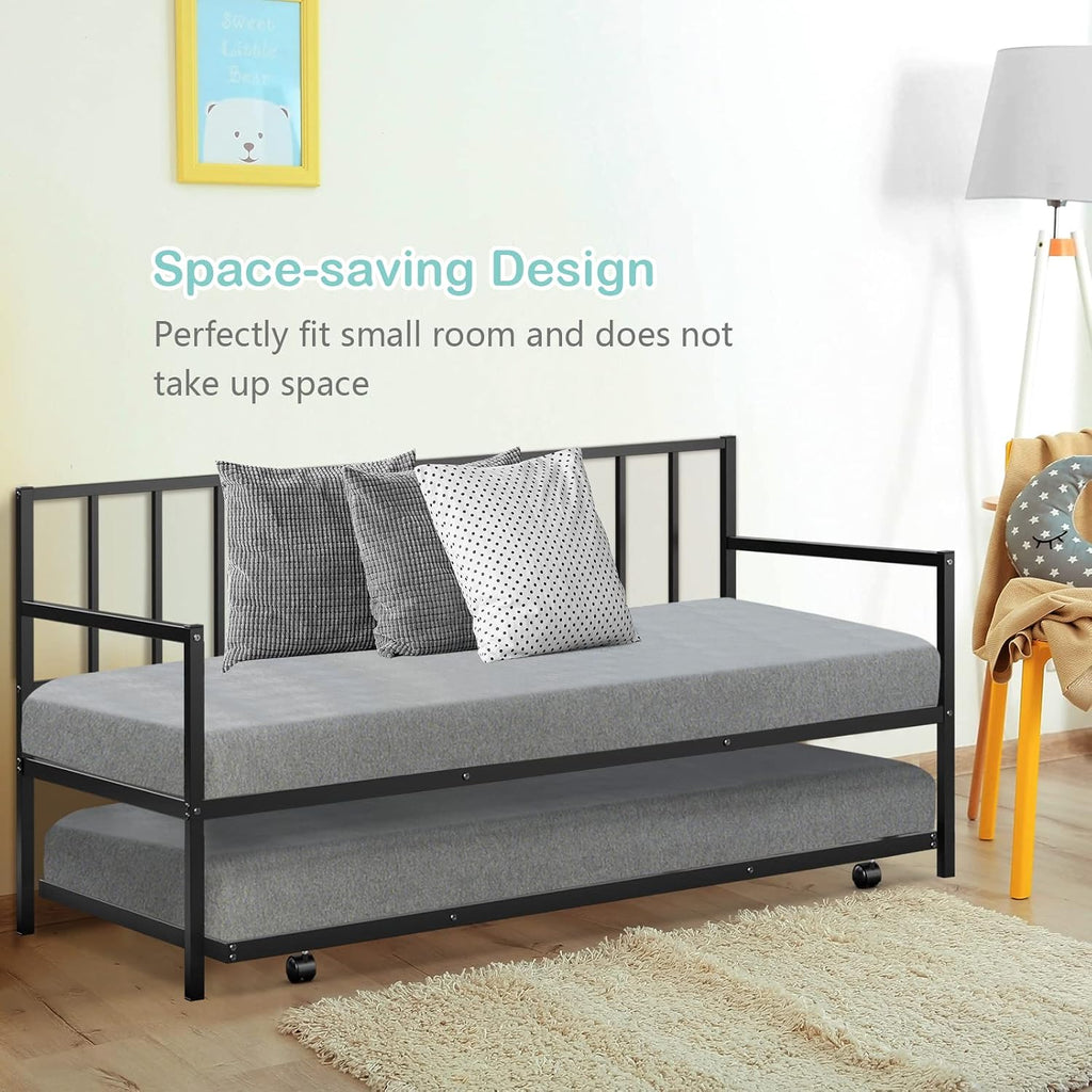 COSTWAY Twin Size Daybed and Trundle, Metal Frame Daybed and Roll Out Trundle w/Steel Slat Support & 4 Lockable Casters, Heavy-Duty Daybed for Guest Room, Bedroom (Black)
