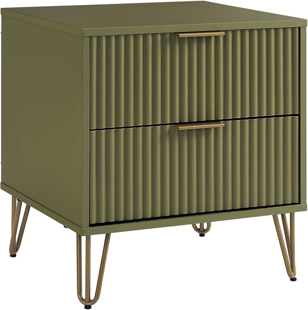 Manhattan Comfort Dumbo 2 Piece Dresser & Nightstand Set, Fluted Night Stand with Hairpin Gold Metal Legs & 3-Drawer Dresser, No Tool Assembly, Storage Cabinet for Bedroom, Living Room in Olive Green