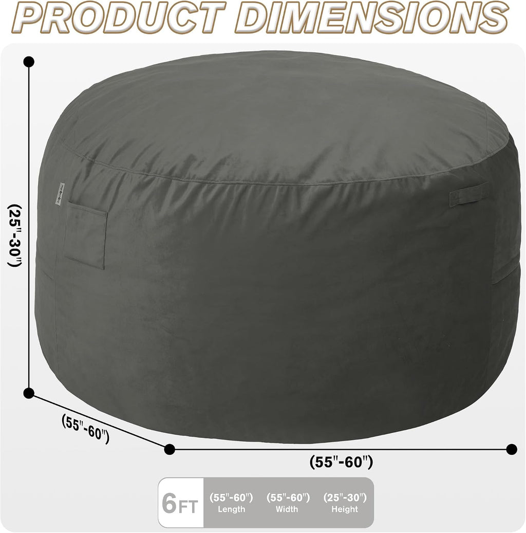 6FT Bean Bag Chair with Ultra Soft Velvet Cover Bean Bag Sofa with Memory Foam Bean Bag Chairs with Large Size Lazy Sofa for Dorm Office Living Room Bedroom Grey 6'