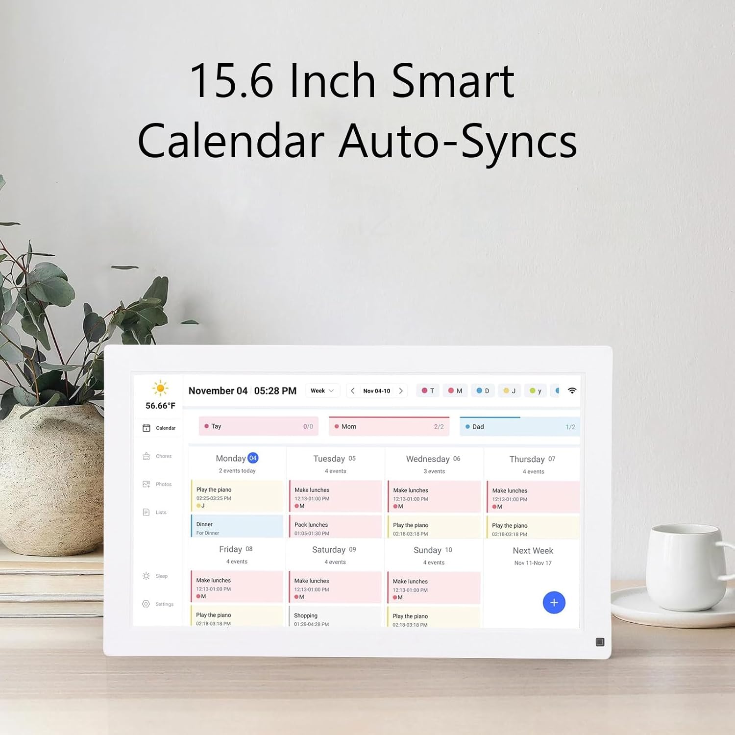 GOWENIC 15.6 Inch Smart Digital Calendar, 1920×1080 Full HD Touchscreen Family Planner Calendar with Chore Chart to Do List Notepad for Scheduling, White (US Plug)