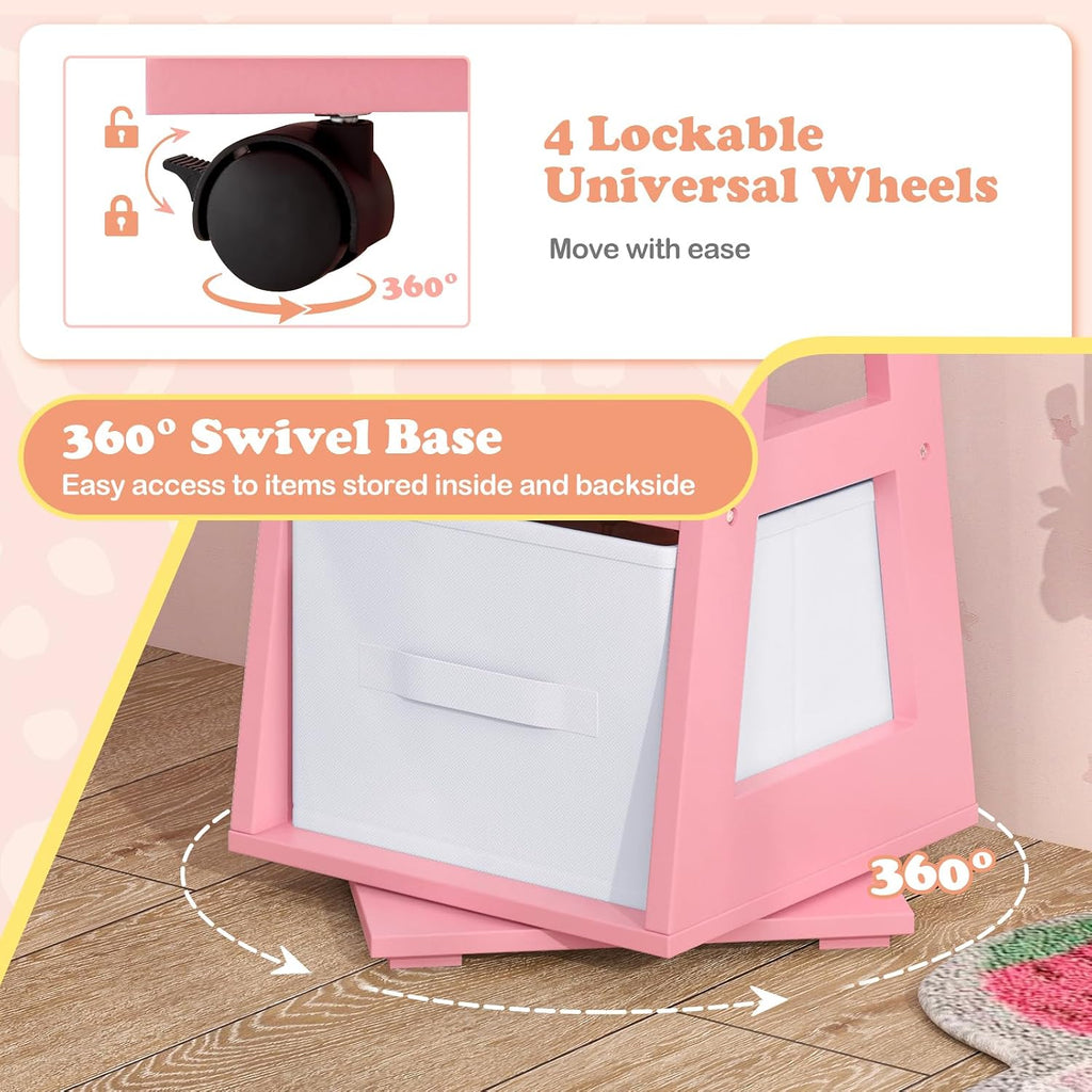 HONEY JOY 2 Piece Kids Vanity Set & Jewelry Armoire Cabinet, Crown Wooden Makeup Table & Chair Set, Dress Up Jewelry Organizer w/Full-Length Mirror, Kids Bedroom Furniture for Girls Playroom (Pink)