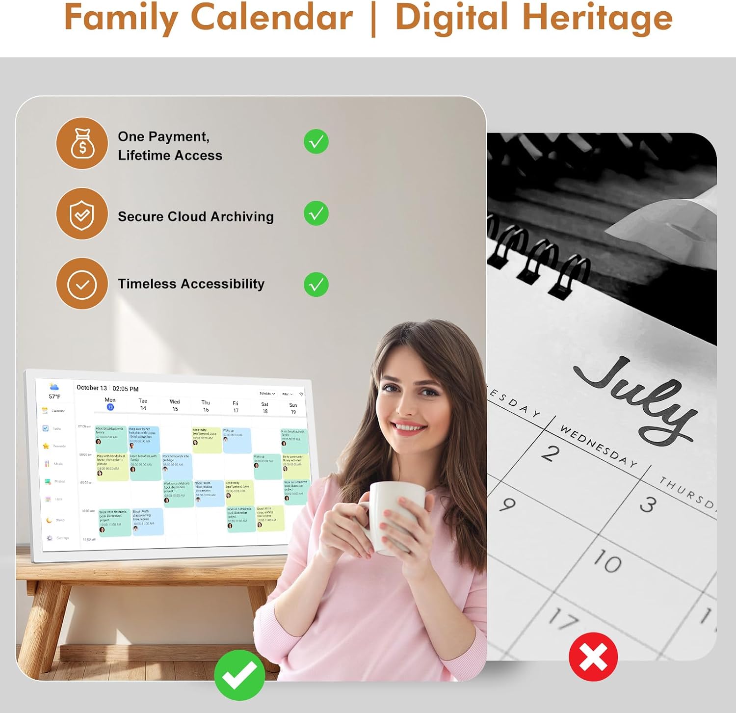 24' Digital Wall Calendar Chore-Chart-for-Planner - Touchscreen Display Smart Calendar for Family Monthly/Weekly Planner, To Do List Notepad, Streamline Household Organization, Desk Mount Included