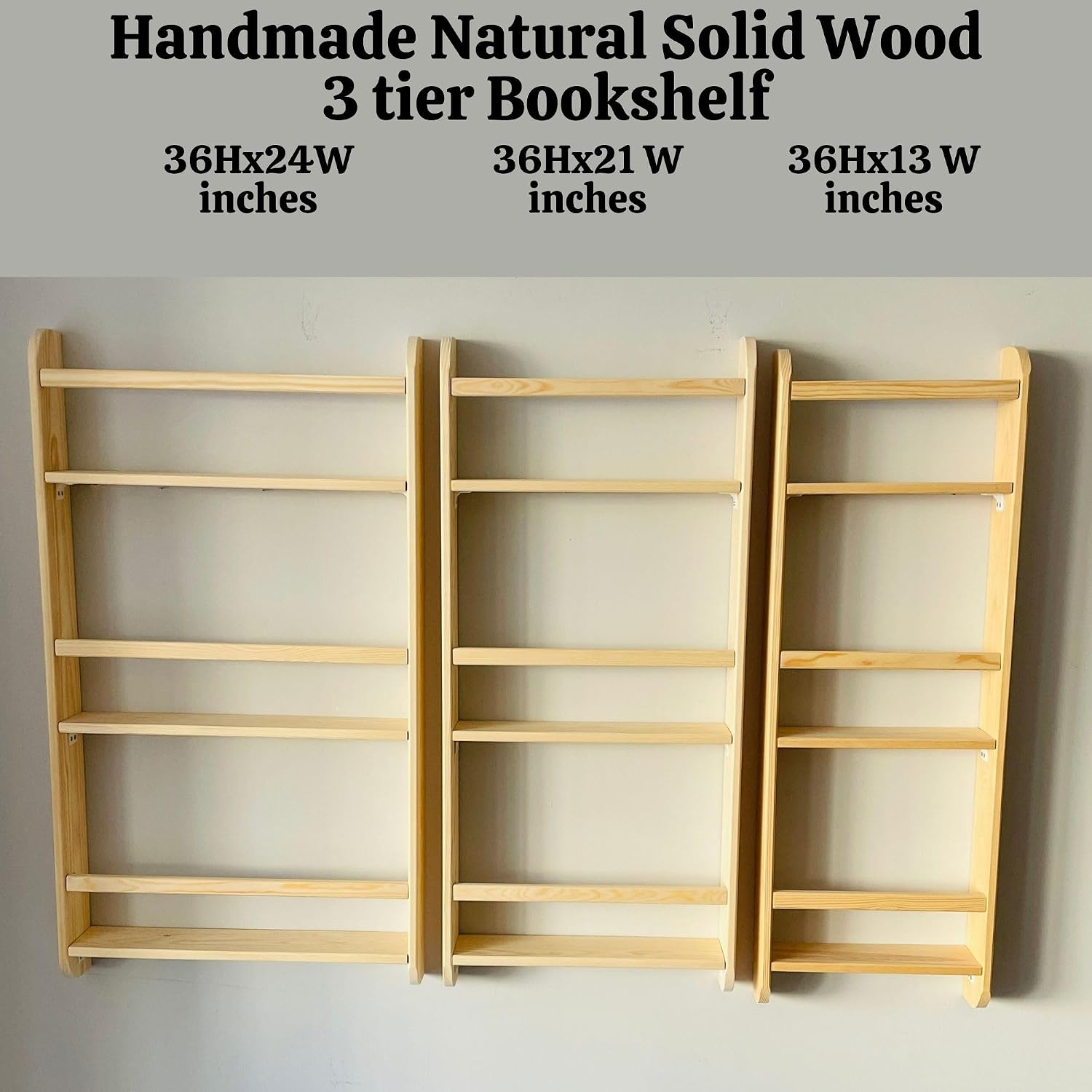 3 Tier Natural Wood Handmade Montessori Kids Bookshelf Wall Mounted Children Bedroom, Nursery (Narrow 13' Width, Chestnut)