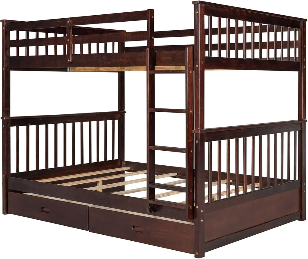 Kids Twin Bunk Bed, Full Size Bed Frame with Drawers Full Over Full with 2 Drawers Ladder and Rail Guard Wood Slats for Boys and Girls Bedroom
