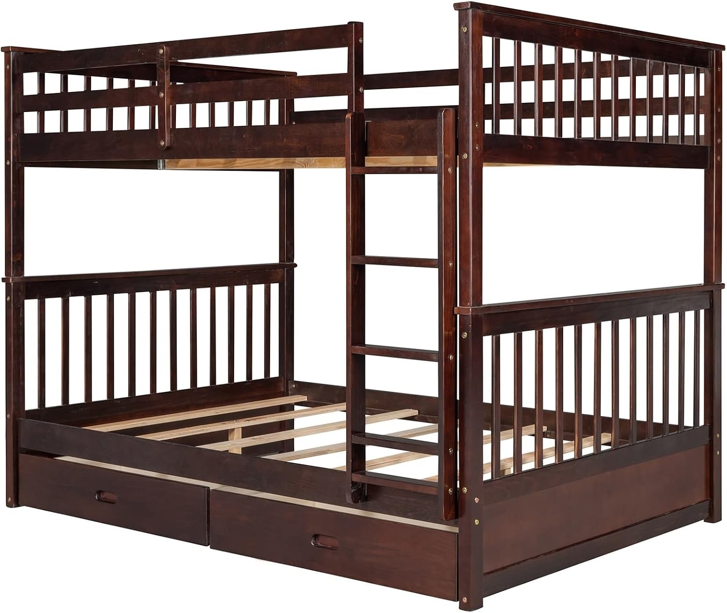Kids Twin Bunk Bed, Full Size Bed Frame with Drawers Full Over Full with 2 Drawers Ladder and Rail Guard Wood Slats for Boys and Girls Bedroom