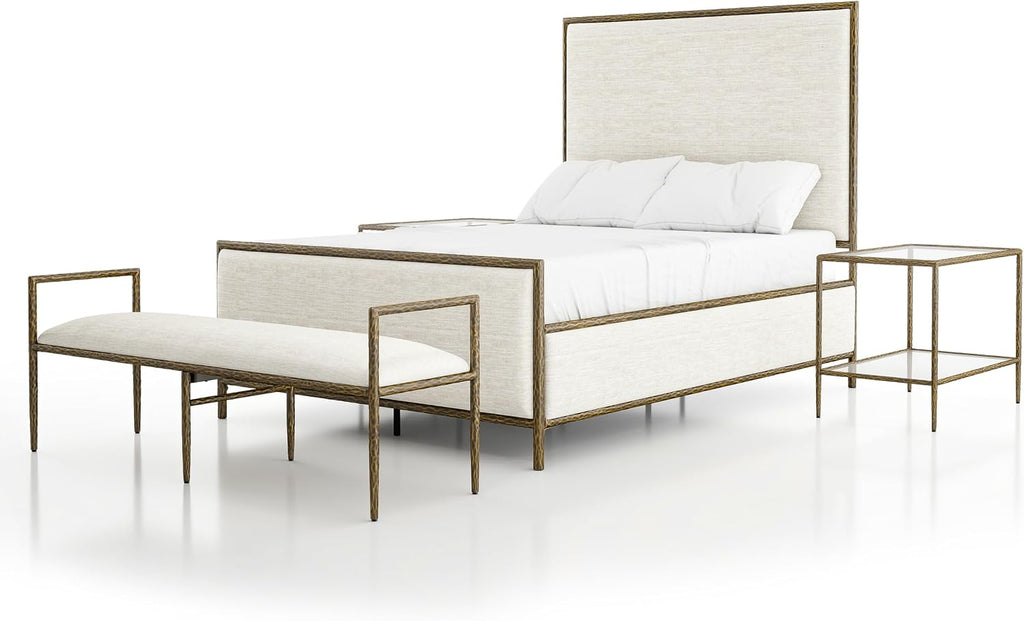 24/7 Shop at Home Lalia Hammered Metal 4-Piece Bedroom Collection, Upholstered Bed Frame with Beige Fabric Headboard, Bench and 1-Shelf Nightstands, Foundation Required, Full, Matte Gold
