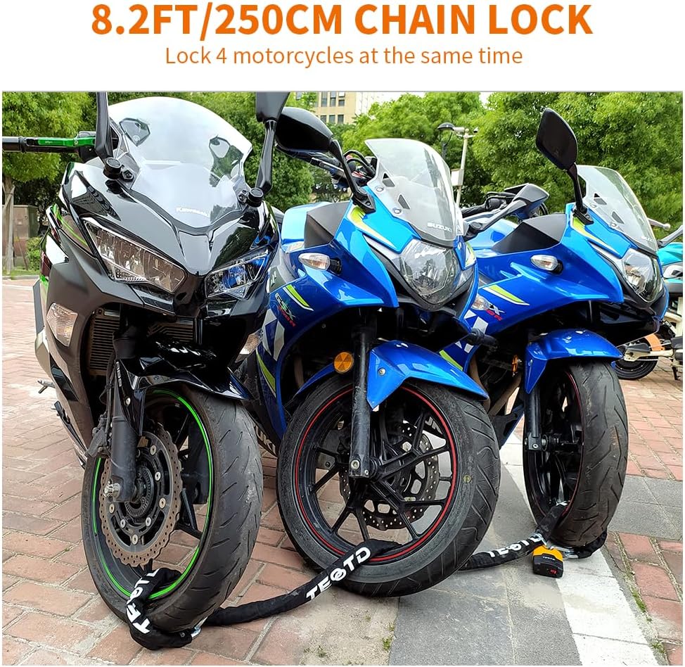 Motorcycle Chain Lock 8.2feet/250cm Long Heavy Duty Anti-Theft 10mm Thick Chain with Bright-Colored Lock,Security with 4 Keys for Containers,Trailers,ATV(12.65lbs)