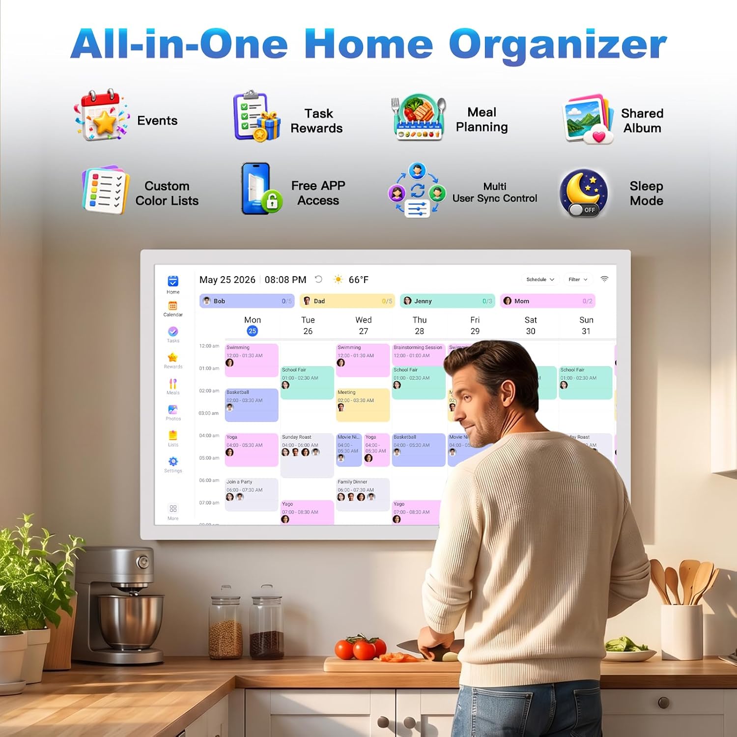 32-inch Digital Calendar Wall-Touch-Screen Whiteboard - Interactive Display Electronic Calendar Picture Frame, Star Reward, Chore Chart, No Subscription, Sync Online Cal, Gift for Family, White