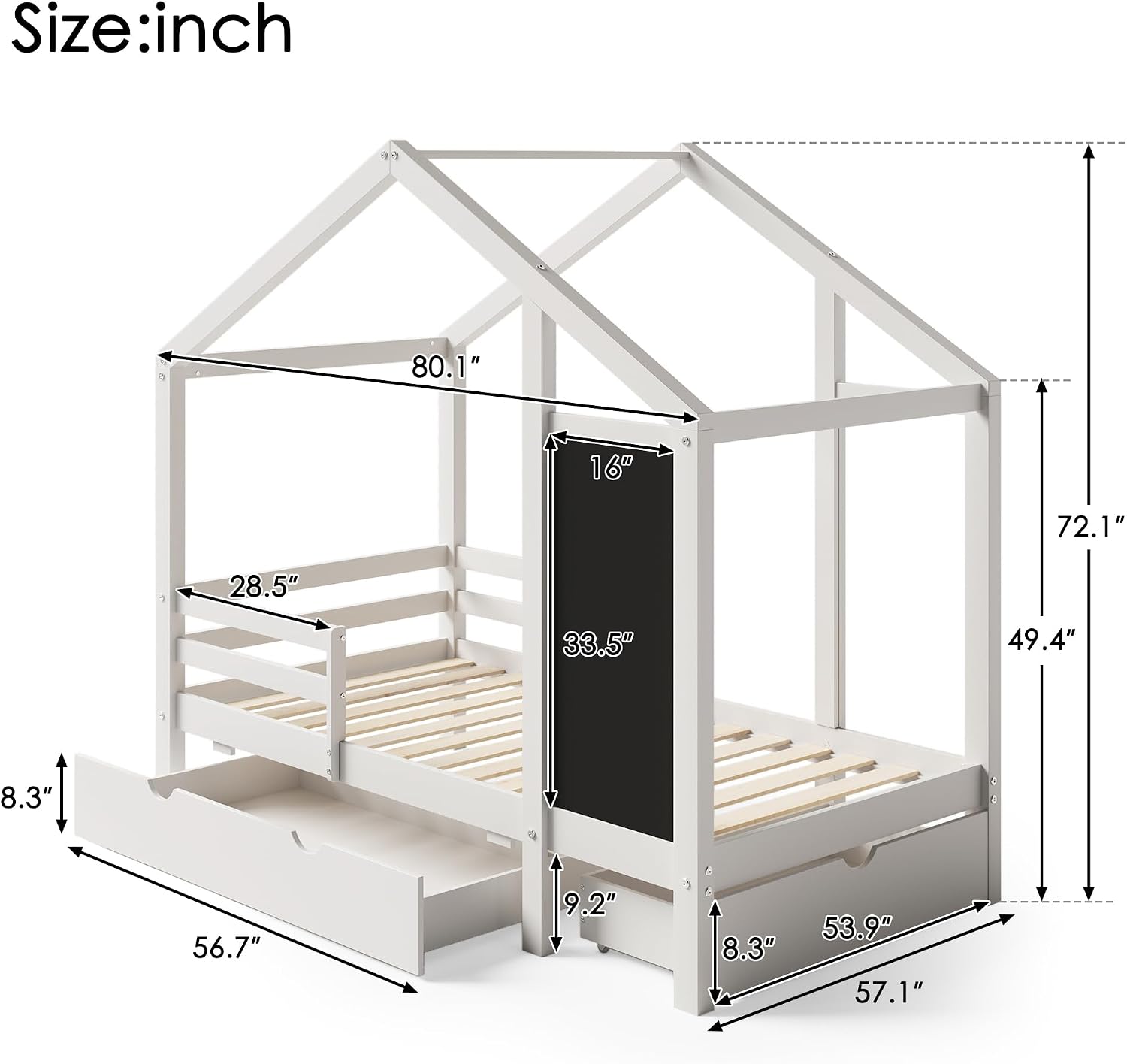 Kids Full House Bed Frame with Blackboard and Storage Drawers, Full-Length Guardrails & Wooden Slats Support,Two Assembly Options for Easy Fun Bedroom Setup for Kids Boys Girls (White, Full)