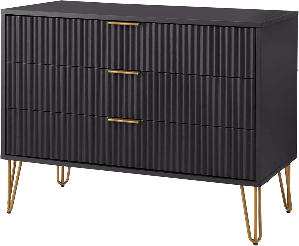 Manhattan Comfort Dumbo 2 Piece Modern Set, 3 Drawer Dresser & 1 Drawer Nightstand with Fluted Ribbed Front, Gold Metal Legs, No Tool Assembly, Storage Cabinet for Bedroom or Living Room in Black