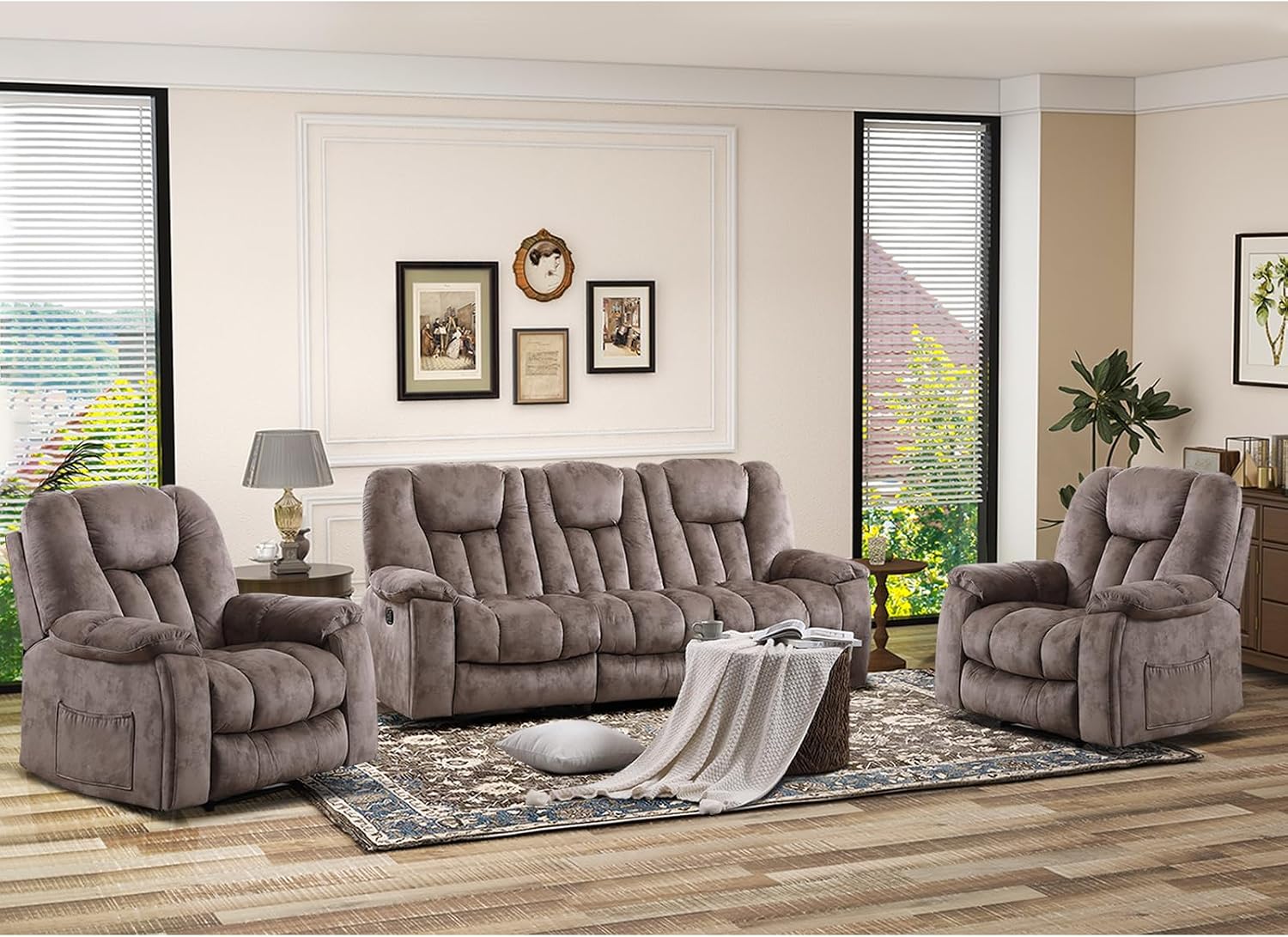 EBELLO Reclining Living Room Set, Soft Fabric Manual Recliner Sofa Furniture Set, Includes 2 Recliner Chairs with Massage and Heat and 3 Seat Sofa, Light Brown